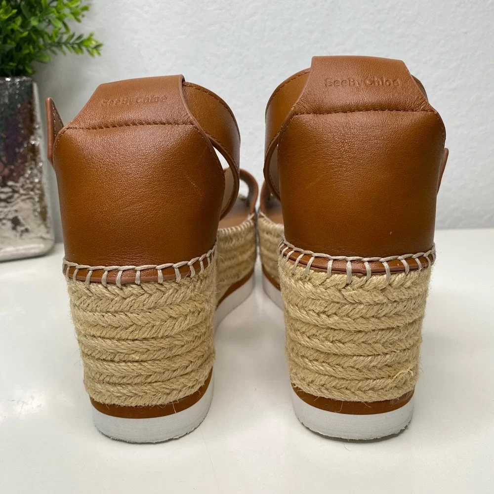See by Chloe Glyn Calf‎ Leather Espadrille Platform Sandals Tan Size 8